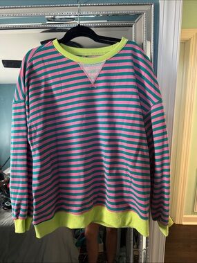 Women’s Pink & Teal Striped Crewneck Sweater with Lime Trim